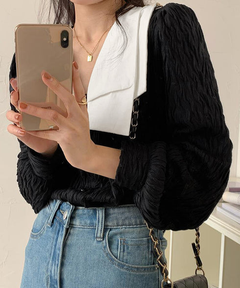 ビッグカラー ワッシャーブラウス 韓国風 ビッグリボン襟ブラウス レディース Vネックシャツブラウス 大人可愛い おしゃれプリーツブラウス上品清楚 パフ袖トップス 6QINGROU-003